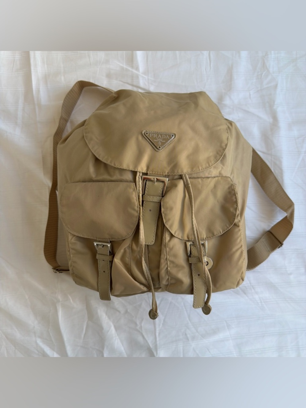 Prada Beige Nylon Backpack with Front Pockets